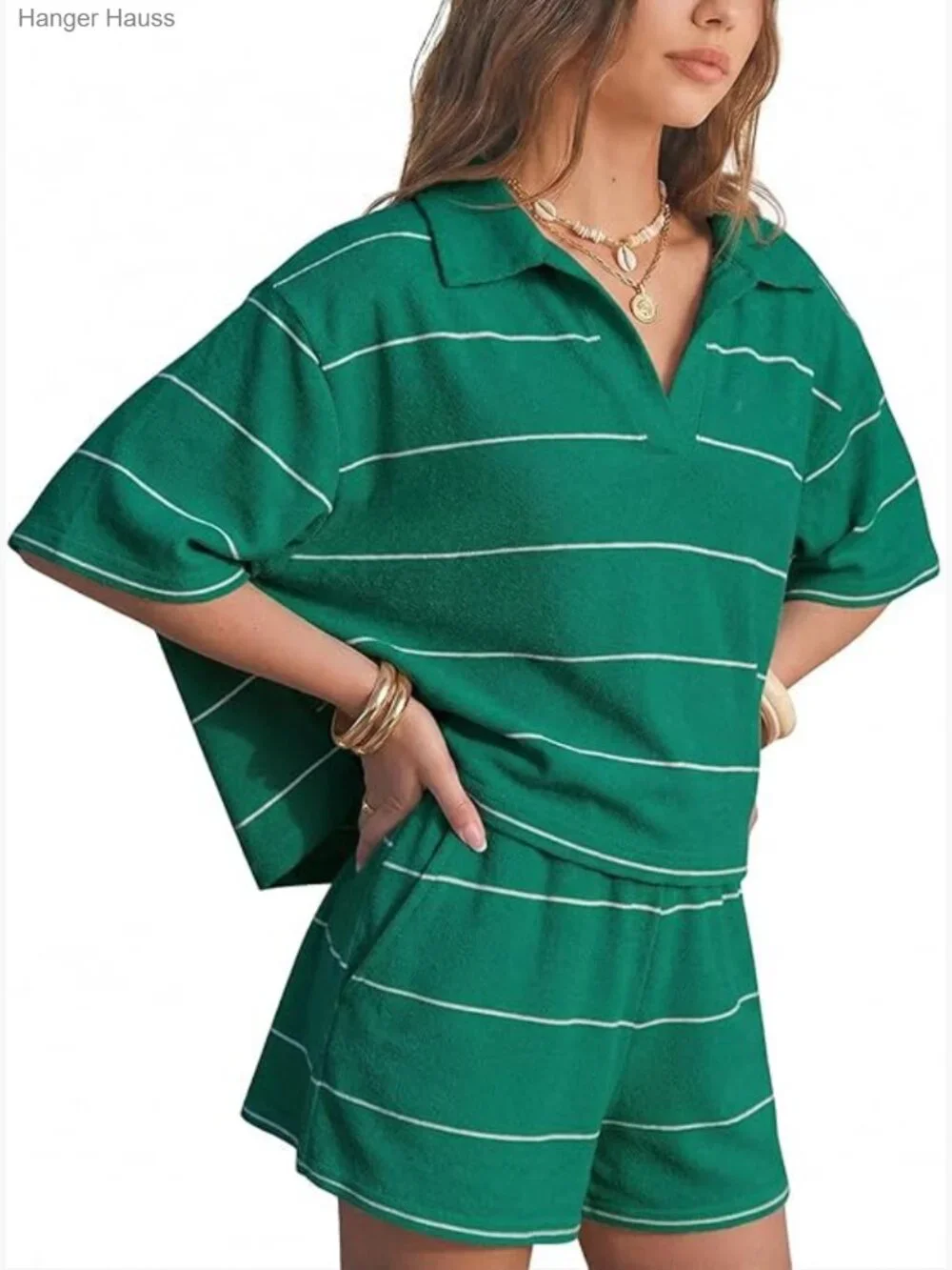 2 Pc Matching Knit Polo Top & Shorts Loungewear Set